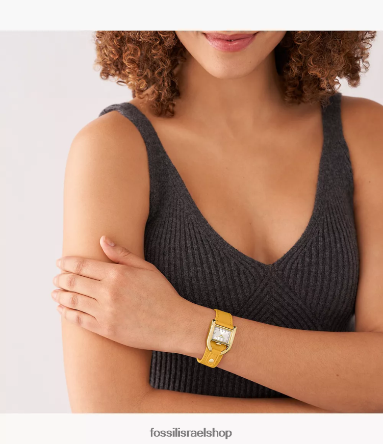 Fossil נשים שעון עור לייטהייד בעל שלוש ידיים של Harwell L8J0B6103 שעון צהוב