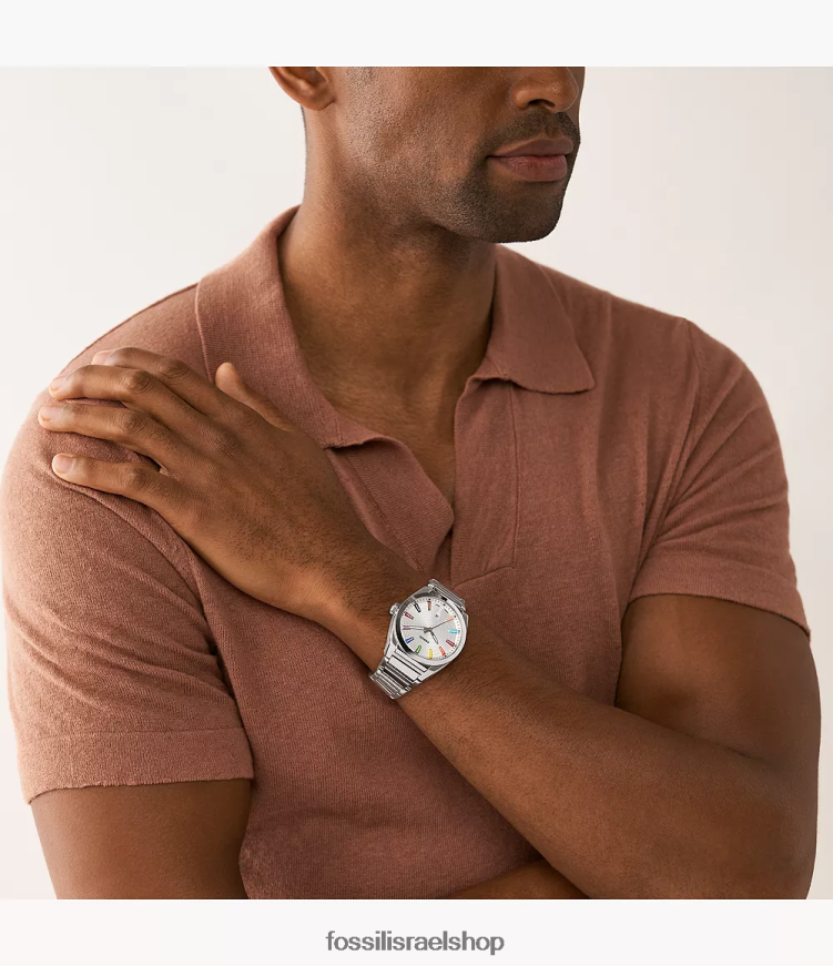 Fossil גברים שעון פלדת אל חלד עם תמר תלת ידיים L8J0B61344 שעון בגוון כסף