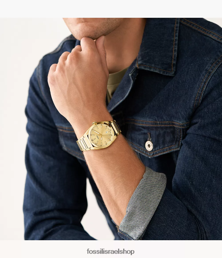 Fossil גברים שעון אוורט תלת ידיים מפלדת אל חלד L8J0B61347 שעון גוון זהב