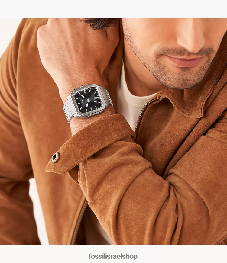 Fossil גברים שעון נירוסטה בעל כיתוב שלוש ידיים L8J0B61366 שעון בגוון כסף