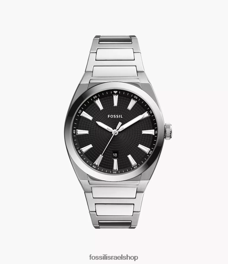 Fossil גברים שעון אוורט תלת ידיים מפלדת אל חלד L8J0B61372 שעון בגוון כסף