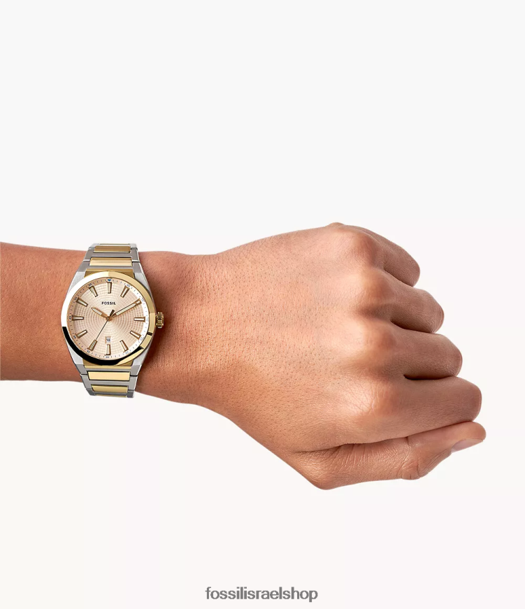 Fossil גברים שעון אוורט תלת ידיים מפלדת אל חלד L8J0B61379 שעון דו-גוני