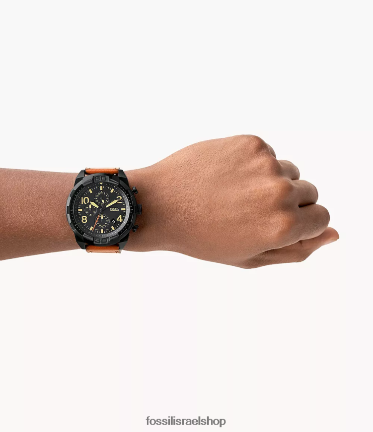 Fossil גברים שעון עור מזוודות ברונסון כרונוגרף L8J0B61393 שעון שחור חום