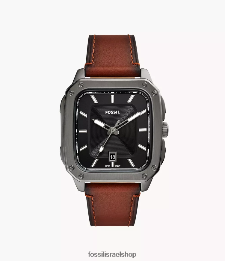 Fossil גברים כיתוב תלת ידיים שעון עור לייט-עור L8J0B61411 שעון עַנבָּר