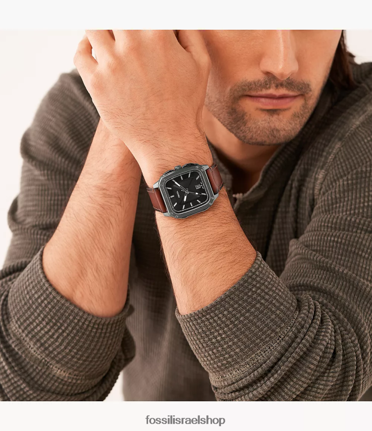 Fossil גברים כיתוב תלת ידיים שעון עור לייט-עור L8J0B61411 שעון עַנבָּר