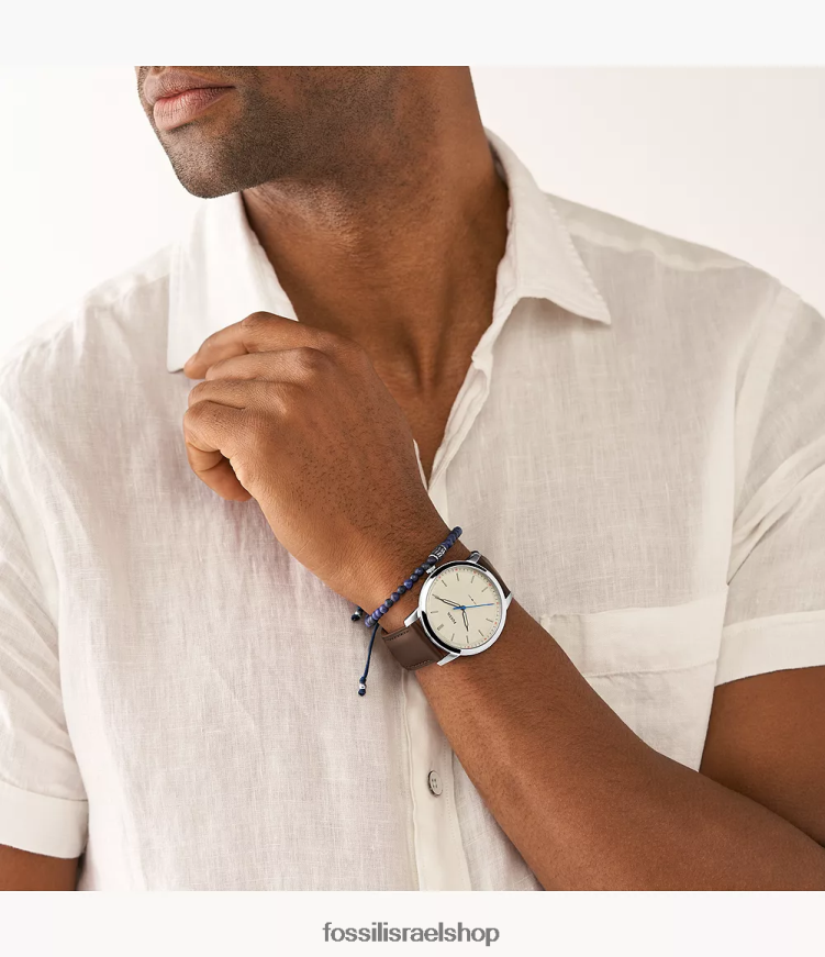 Fossil גברים סט שעון וצמיד עור מינימליסטי בשלוש ידיים L8J0B61421 שעון חום