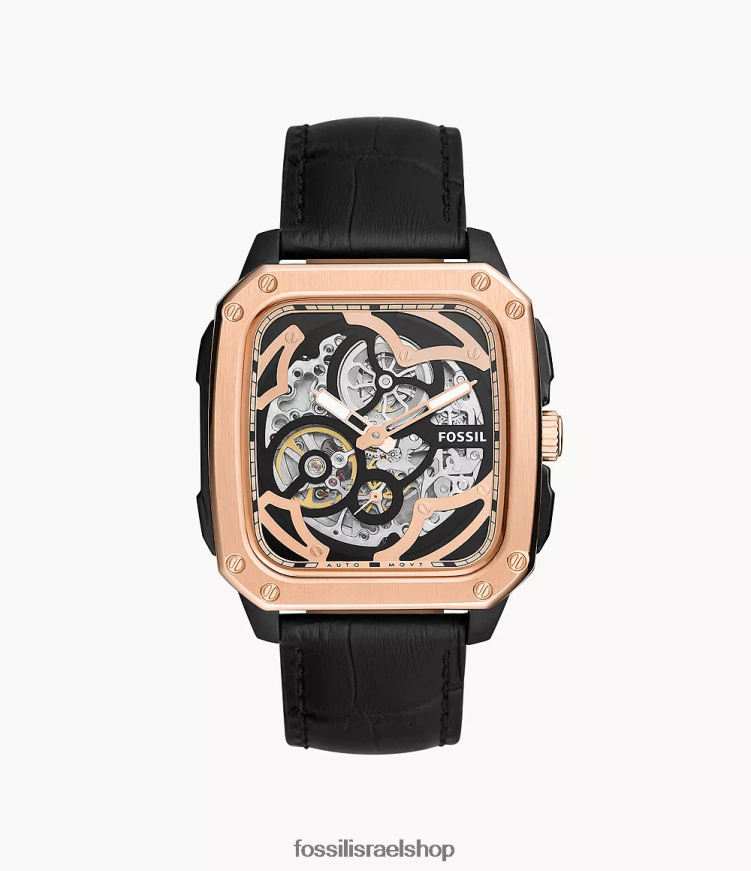 Fossil גברים שעון עור אוטומטי עם כיתוב L8J0B61445 שעון שָׁחוֹר
