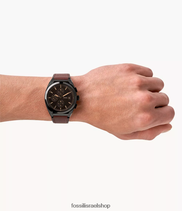Fossil גברים שעון עור אוורט כרונוגרף לייטהייד L8J0B61447 שעון חום