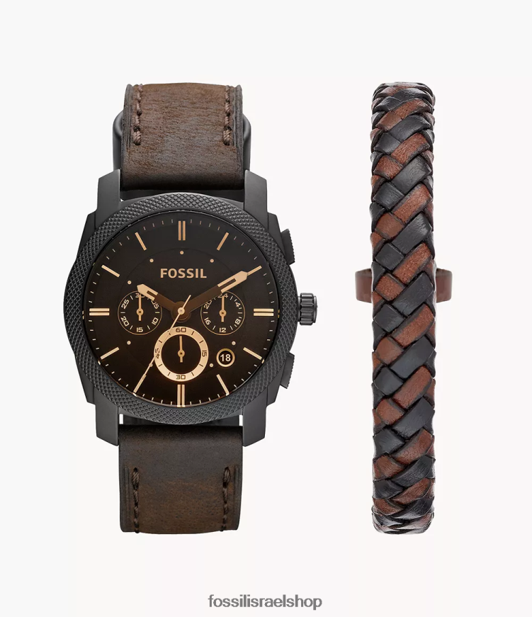 Fossil גברים סט שעון עור וצמיד מכונה כרונוגרף L8J0B61457 שעון חום כהה