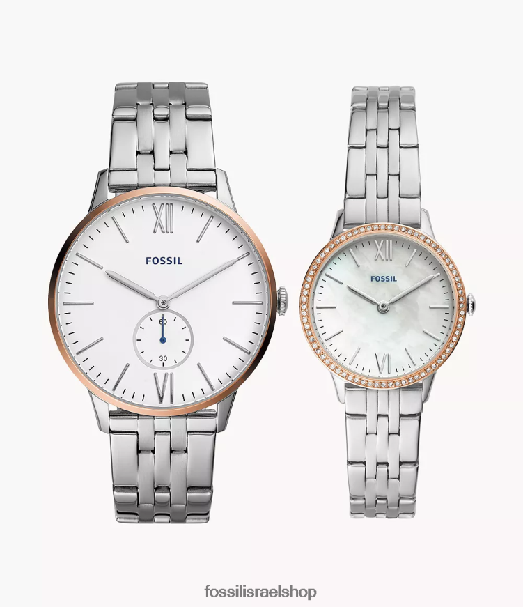 Fossil גברים ערכת השעונים שלו ושלה עם שלוש ידיים מנירוסטה L8J0B61568 שעון כסף