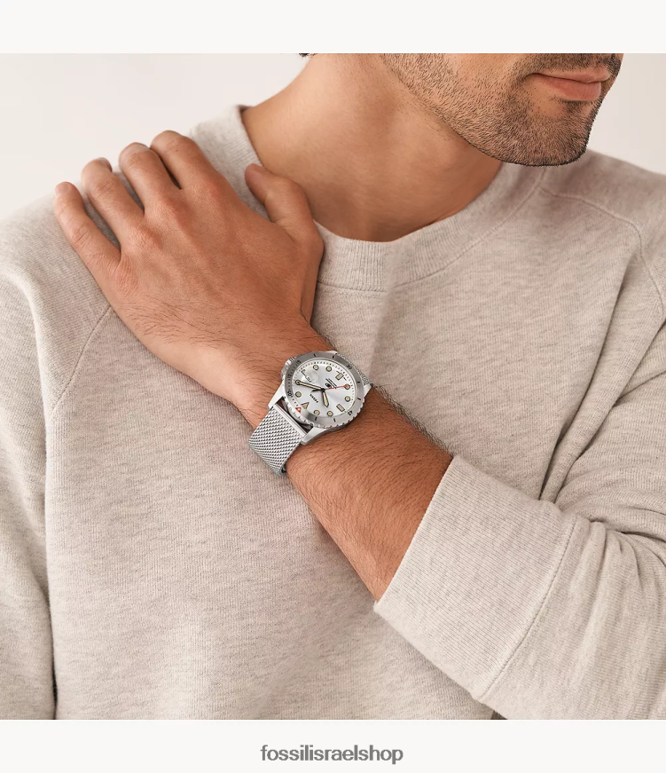 Fossil גברים שעון רשת נירוסטה בעל שלוש ידיים L8J0B61599 שעון כְּחוֹל