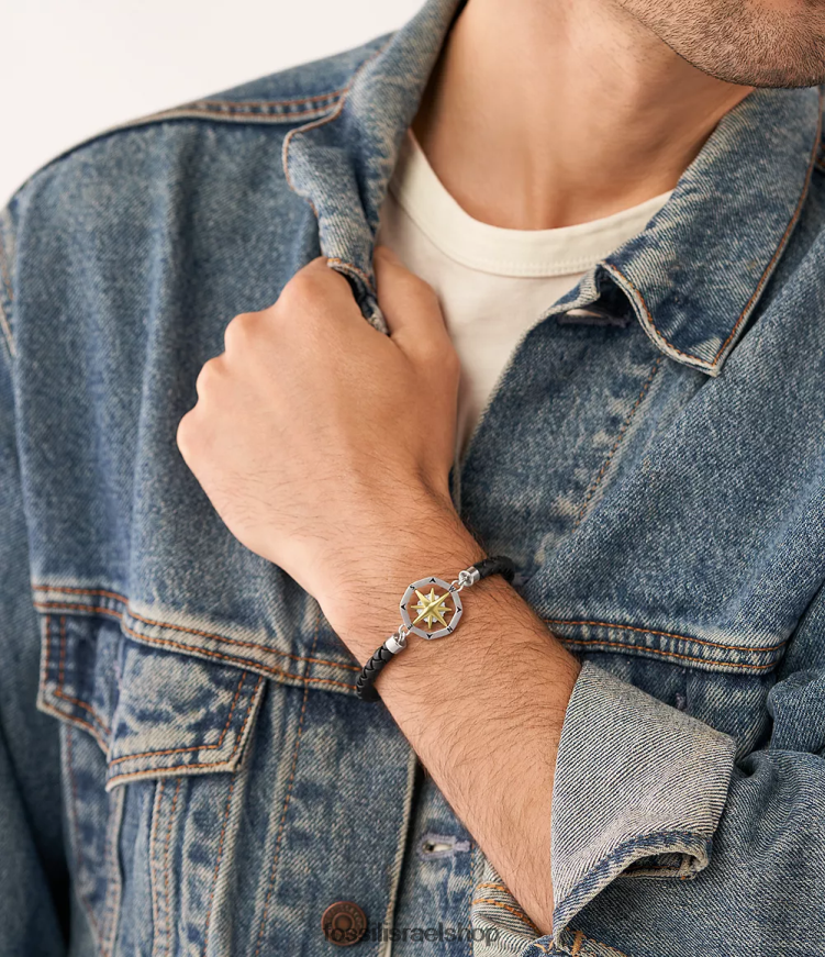 Fossil גברים צמיד תחנת סאטון מצפן נירוסטה L8J0B61882 תכשיט בגוון כסף