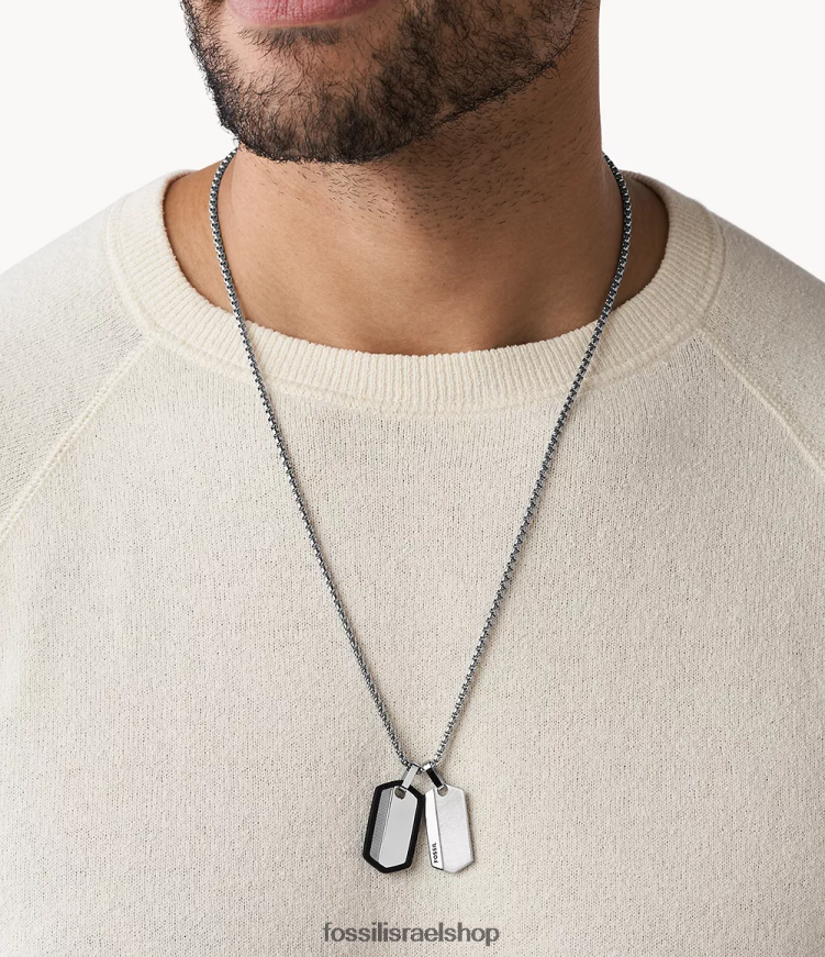 Fossil גברים שרשרת כלבים מנירוסטה שברון L8J0B61917 תכשיט בגוון כסף