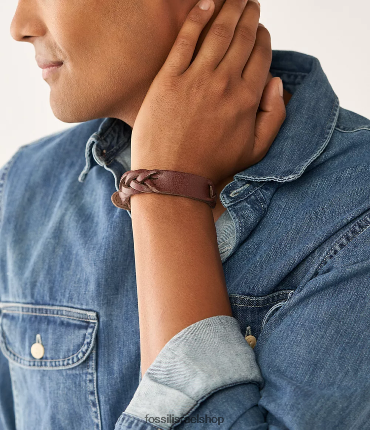 Fossil גברים צמיד רצועת עור קלוע מורשת L8J0B61957 תכשיט חום