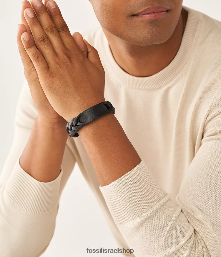 Fossil גברים צמיד רצועת עור קלוע מורשת L8J0B61958 תכשיט שָׁחוֹר