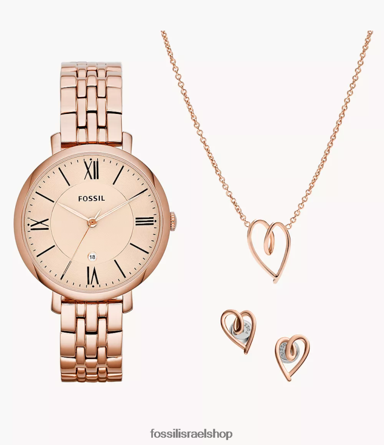 Fossil נשים סט תכשיטים ושעון מפלדת אל חלד עם תמרים תלת ידיים של ג'קלין L8J0B665 שעון בגוון זהב ורדרד