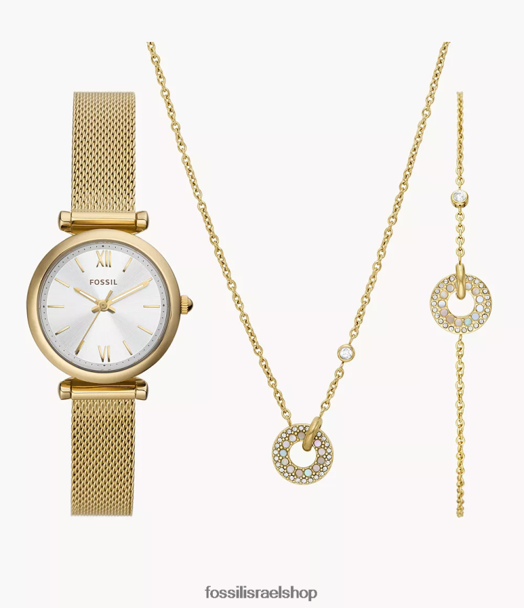Fossil נשים סט תכשיטים ושעון רשת מנירוסטה תלת ידיים של carlie L8J0B663 שעון גוון זהב