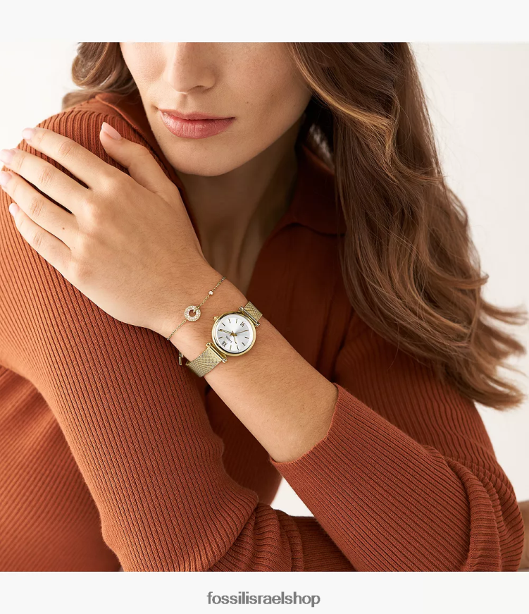 Fossil נשים סט תכשיטים ושעון רשת מנירוסטה תלת ידיים של carlie L8J0B663 שעון גוון זהב