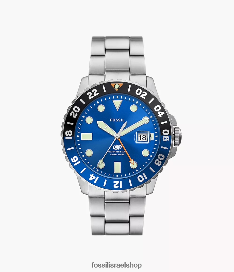 Fossil גברים שעון נירוסטה gmt L8J0B61348 שעון כְּחוֹל