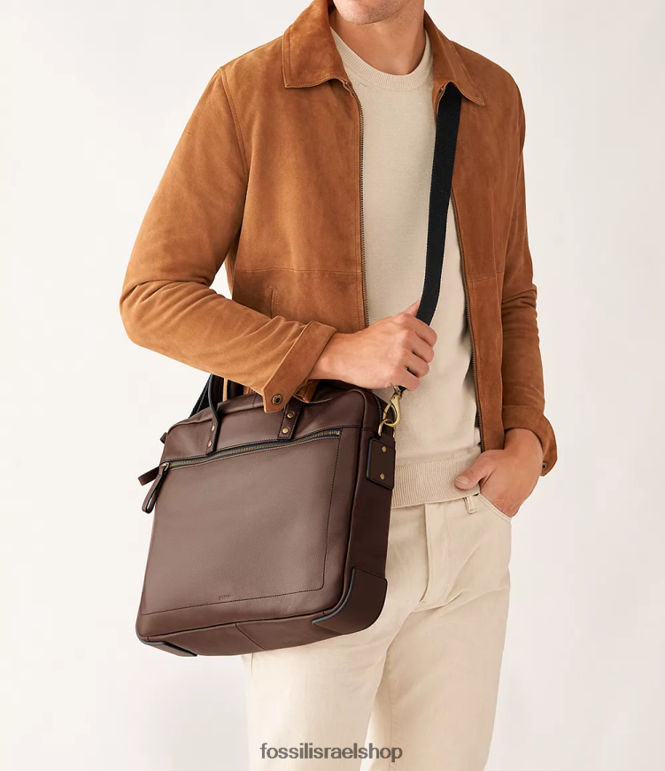 Fossil גברים תיק עבודה עם רוכסן כפול של haskel L8J0B61617 תיק חום כהה