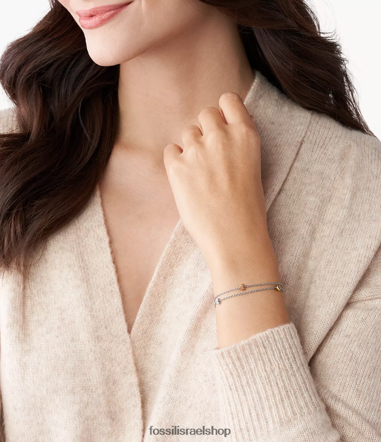 Fossil נשים צמיד שרשרת כפולה של sutton לב תלת גווני פלדה L8J0B61015 תכשיט כסף