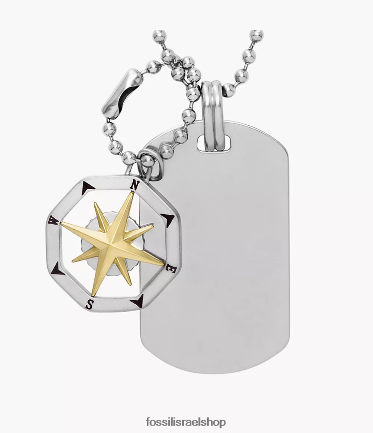 Fossil גברים שרשרת כלבים מפלדת אל חלד מצפן sutton L8J0B61902 תכשיט בגוון כסף