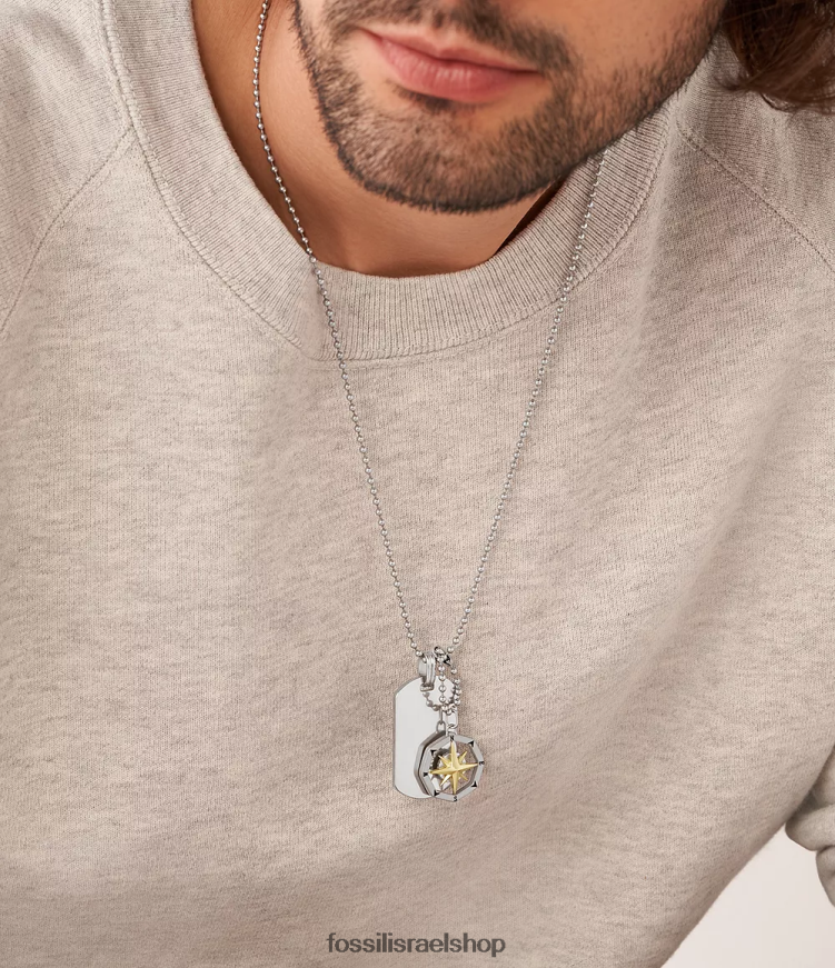 Fossil גברים שרשרת כלבים מפלדת אל חלד מצפן sutton L8J0B61902 תכשיט בגוון כסף