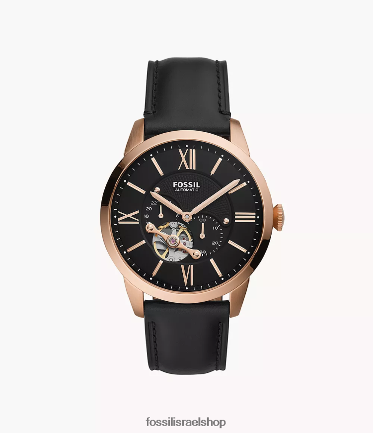 Fossil גברים שעון עור אוטומטי של townsman L8J0B61418 שעון שָׁחוֹר