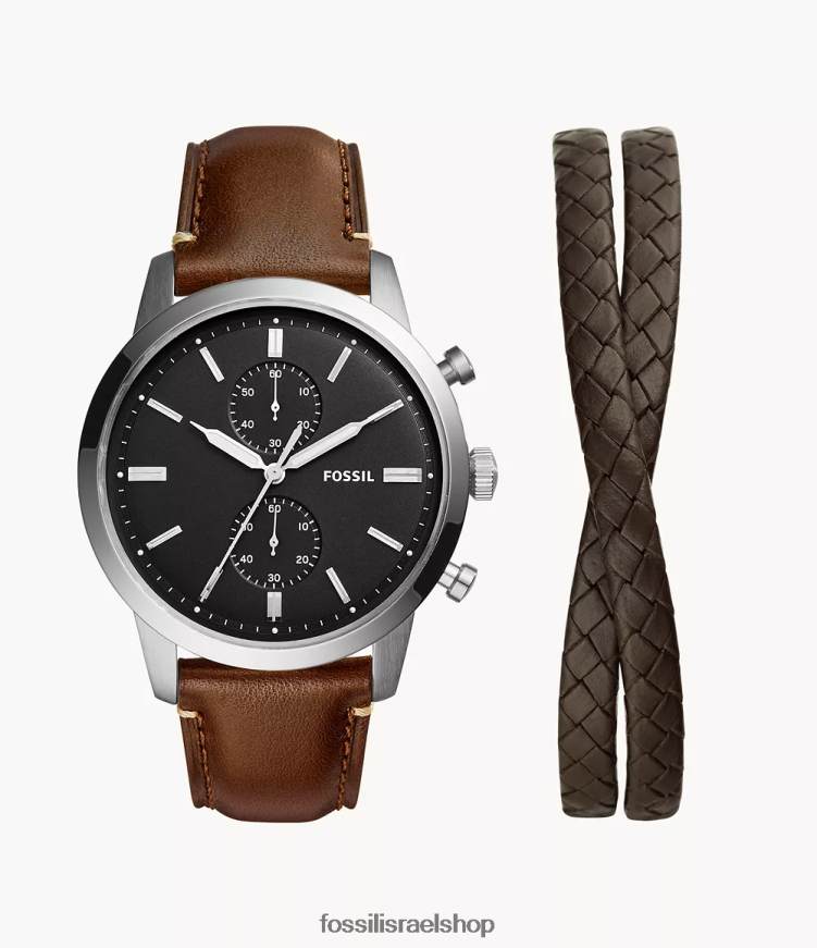 Fossil גברים סט שעון וצמיד מעור townsman chronograph litehide L8J0B61460 שעון חום